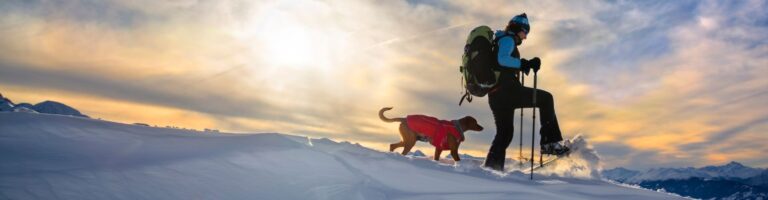 woman snowshoeing with her dog in a red jacket in the mountains