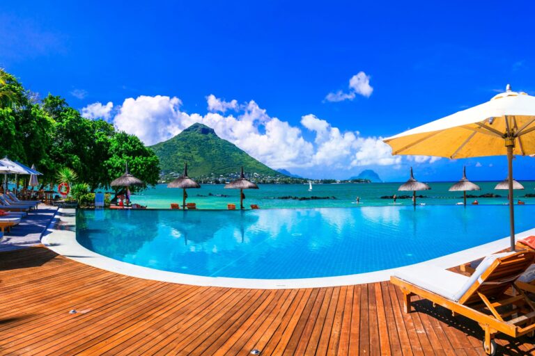 poolside view of a tropical resort