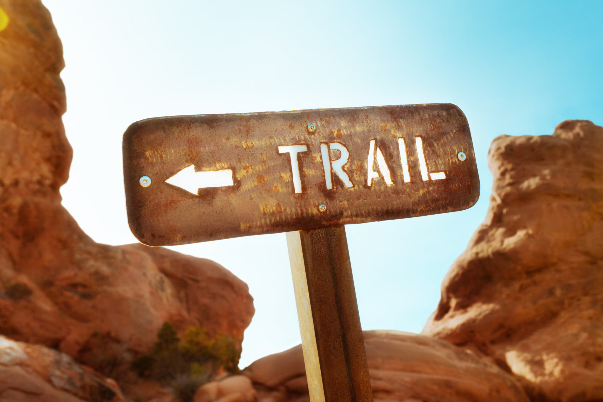 wooden trail sign in white letters with an arrow pointing left