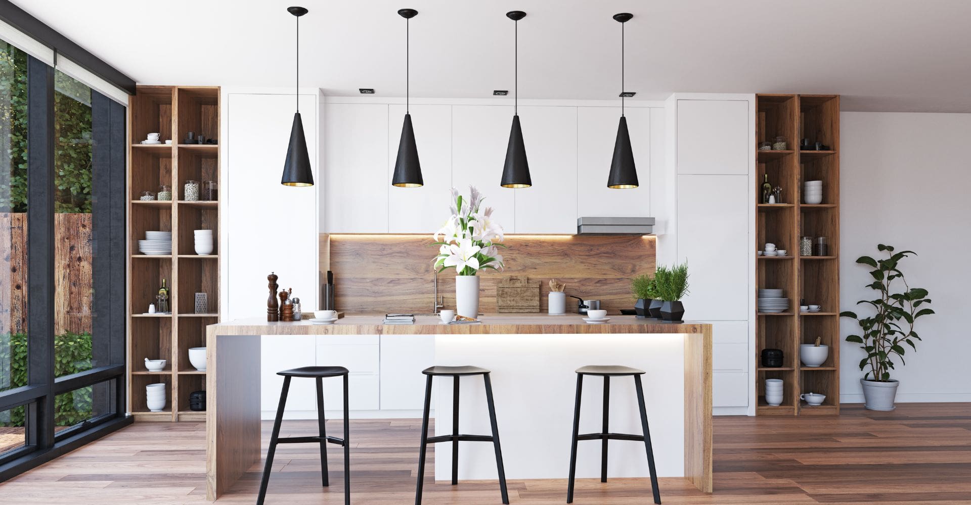 a modern, minimalist kitchen with bar stools, pendant lights and a few plants and flowers