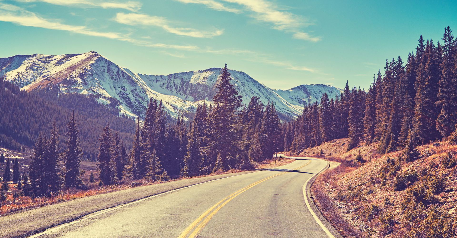 an open road lined with evergreen trees and snowy mountains