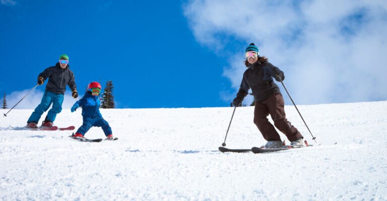 A family enjoys skiing together on a snowy hill, surrounded by trees and a clear blue sky