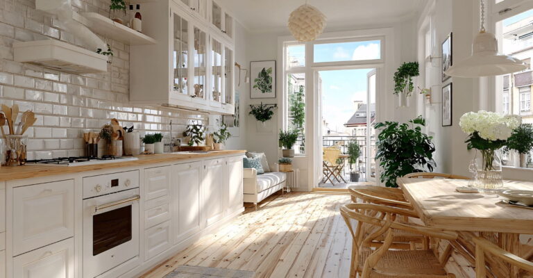 A bright, airy kitchen with white cabinets, wooden countertops, and a dining area. Sunlight streams through large windows onto indoor plants and cozy seating, creating a warm, inviting atmosphere.