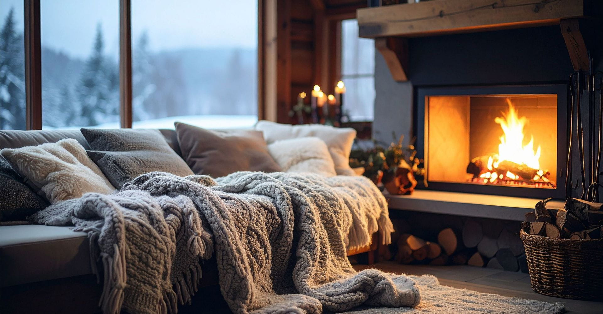 A warm living room featuring a cozy couch and a glowing fireplace, perfect for relaxation and comfort.