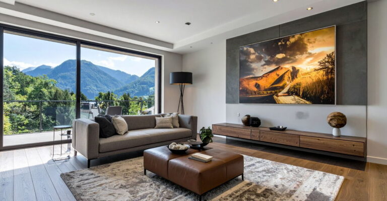 A cozy living room featuring a large, colorful painting hanging on the wall, adding artistic flair to the space.