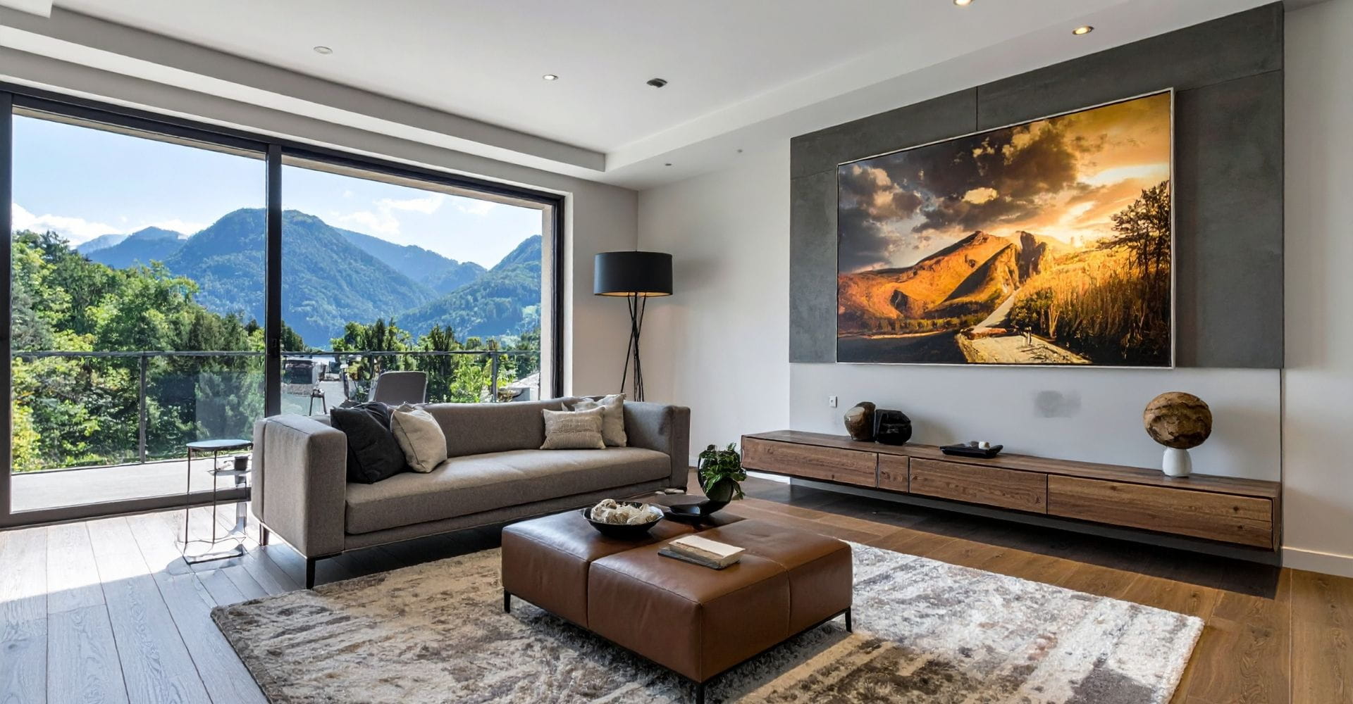 A cozy living room featuring a large, colorful painting hanging on the wall, adding artistic flair to the space.