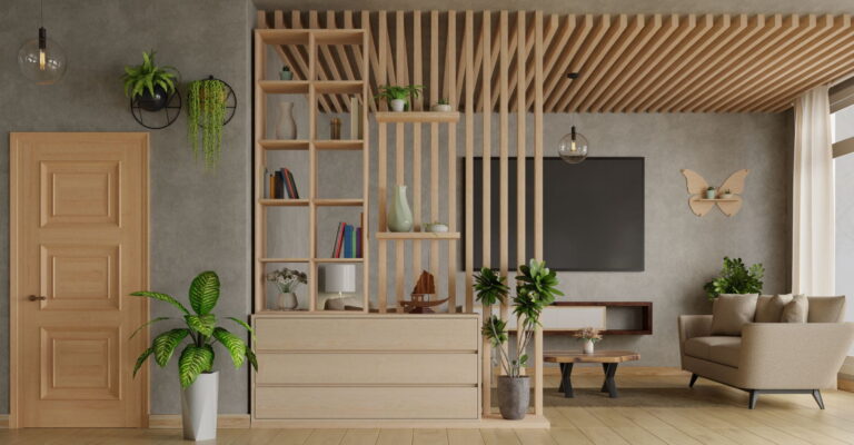 Modern living room featuring wooden shelving, a cozy sofa, and decorative plants, with a large wall-mounted TV and butterfly decor.